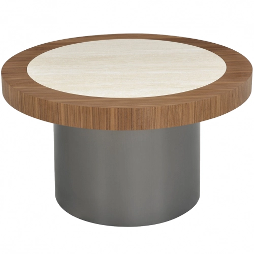 Solstice Coffee Table in Travertine Look Ceramic, Walnut Veneer & Brushed Grey